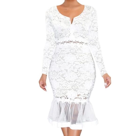 White Floral Lace Mermaid BodyCon Dress Sheer Ruffle Hem Tag XXL (U.S. L) NEW - Picture 1 of 15